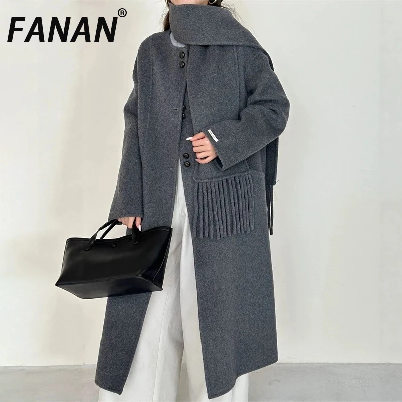 

FANAN Scarf Style Round Neck Single-Breasted Drop Shoulder Women's Double-Faced Woolen Coat 2025 New Winter Warm Overcoat