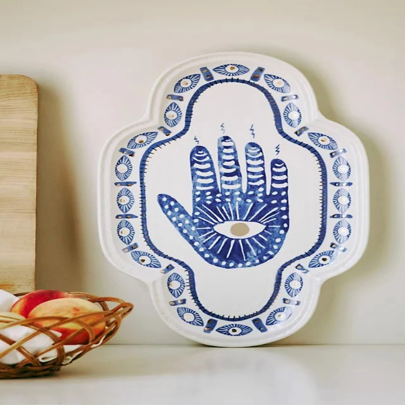 

Designer co-branded handmade pottery blue theme insight platter decoration