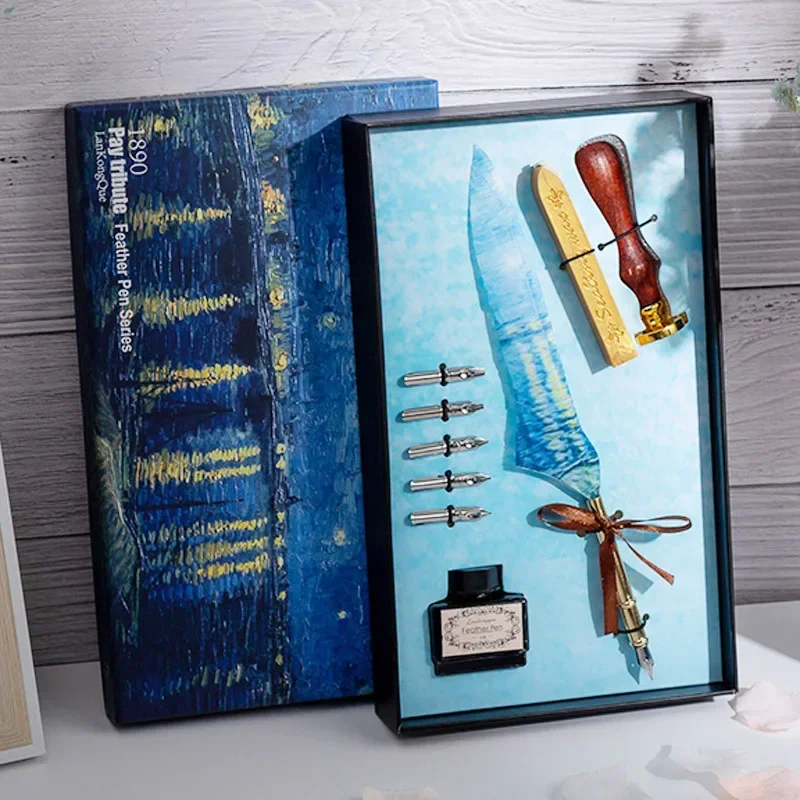 Blue Peacock Feather Oil Painting Style Birthday Creative Gift Dipping Pen Set English Calligraphy Retro Box