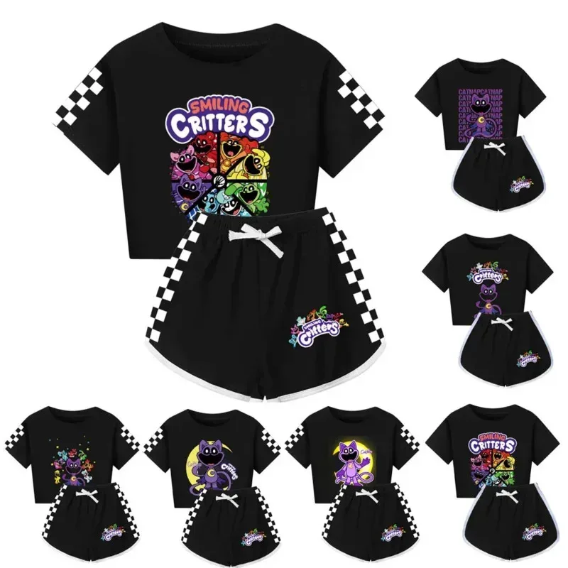 zz04zz12 Uśmiechnięte Zwierzątka Kot Czarny Zestaw Piżamowy Letni Dziecięcy Nocny Drzemka Piesek Pół Ciała Krótki Rękaw Bielizna Nocna Piżama Kreskówka Ba