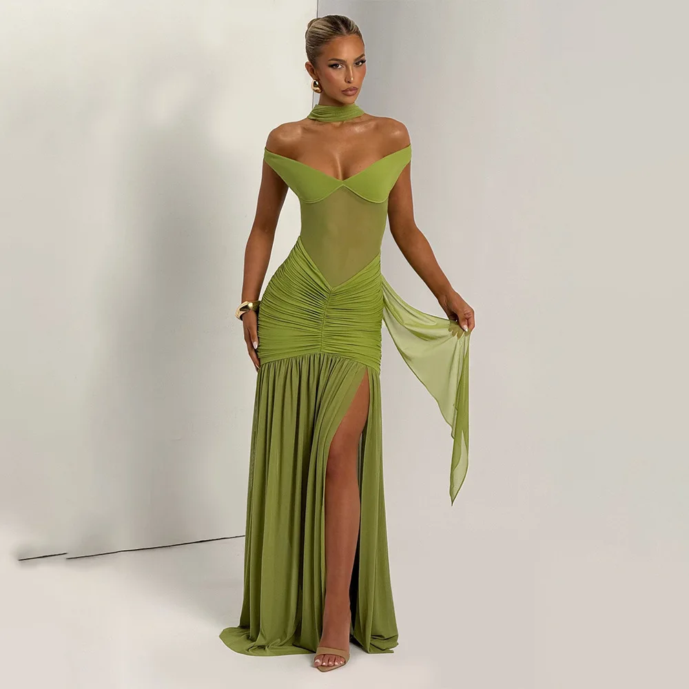2025 ฤดูร้อน SHEER แผงชุดนางเงือกปิดไหล่ลึก V คอต่ํากลับ Slit Draped เอวชุดชีฟองสีแดงพรมงานแต่งงาน