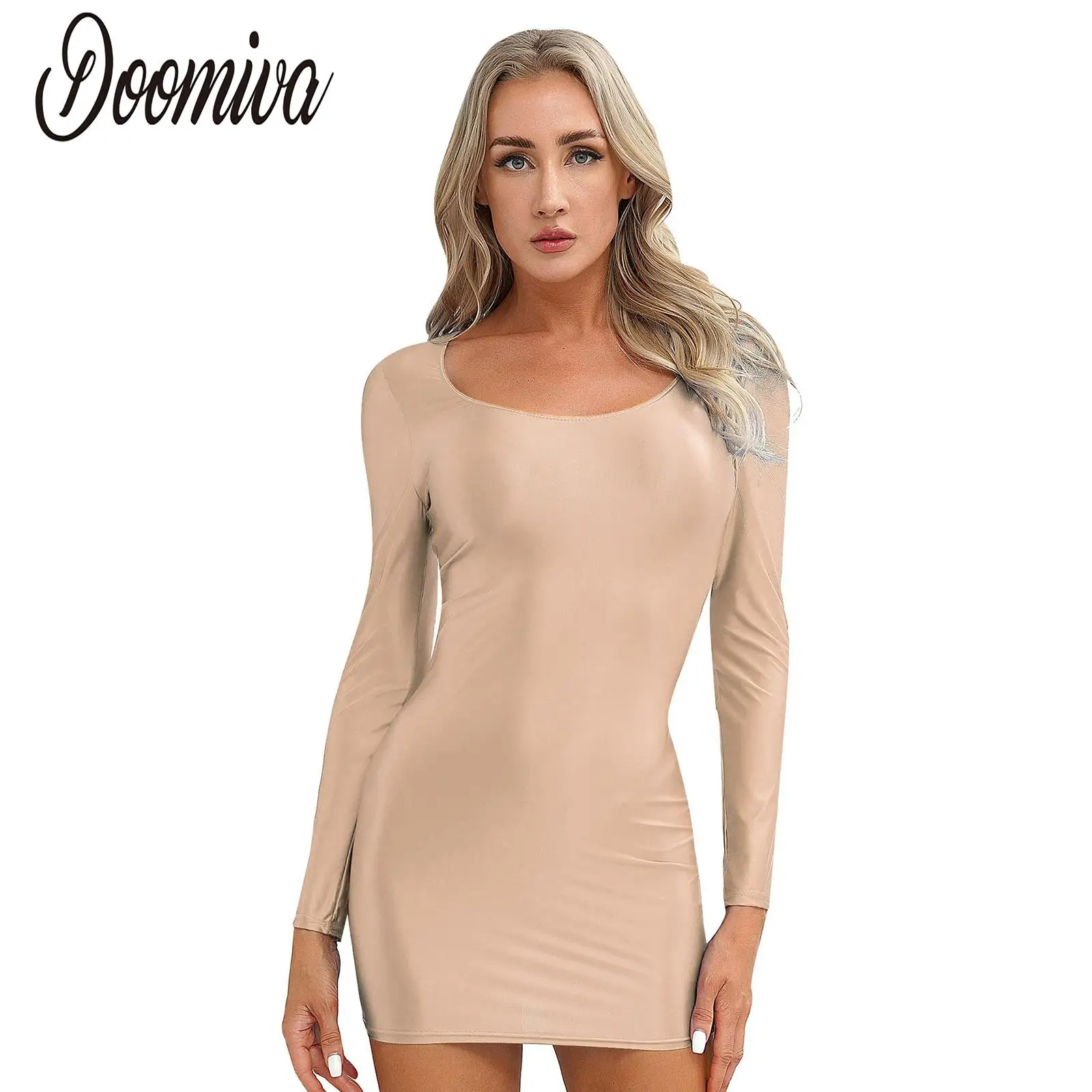 Women's Smooth Long Sleeve Narrow Mini Dress Round Neck Tight Bodycon Dress Ladies Slim Clothing Cocktail Rave Party Clubwear