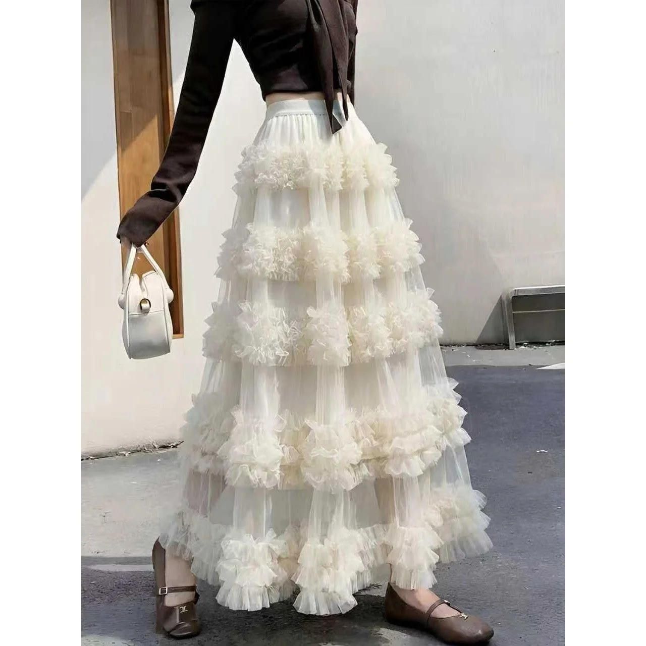 TFETTERS Women Summer White Tulle Cake Maxi Skirt Elastic High Waist Multi Layer Ruffle Mesh Skirt Fairy Long Skirt for Vacation
