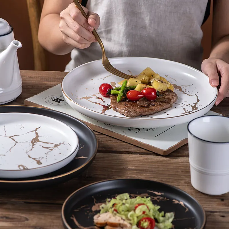 

Home Nordic style 8-inch marble disc restaurant matte gold border minimalist steak dish ceramic shallow dish