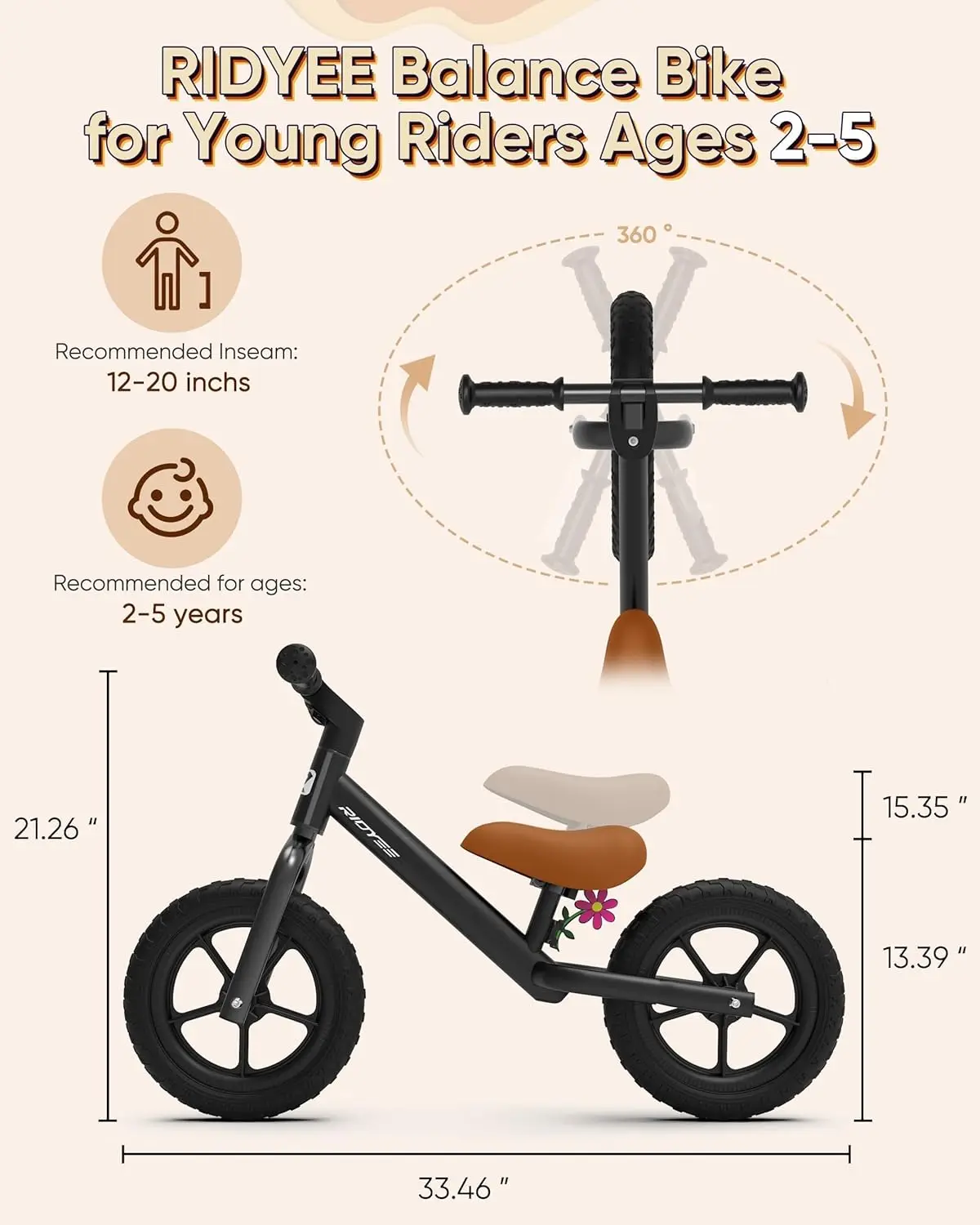 Bicicleta de equilíbrio infantil de 2 anos, bicicleta sem pedal de 12 polegadas para idades de 2 a 5 anos com guiador reforçado atualizado para passeios estáveis, D