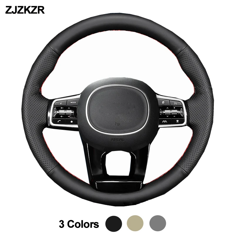 Hand Sewing Car Steering-Wheel Cover Wrap For Kia Carnival IV 2021-2023 Volant Black Beige Dark Gray Leather Braid On Steering