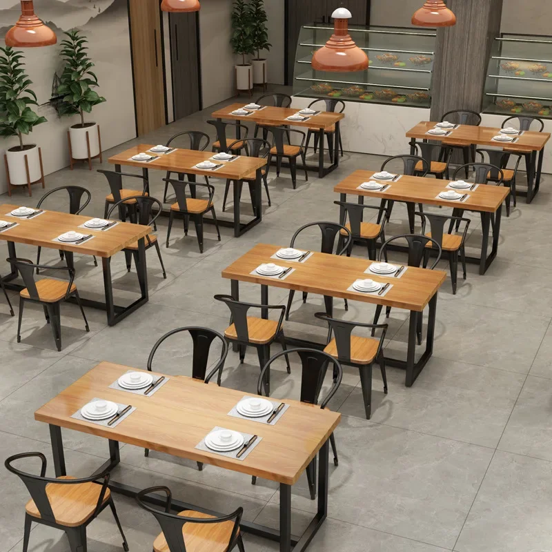Industrial style restaurant dining table and chair combination canteen solid wood catering hot pot dessert milk