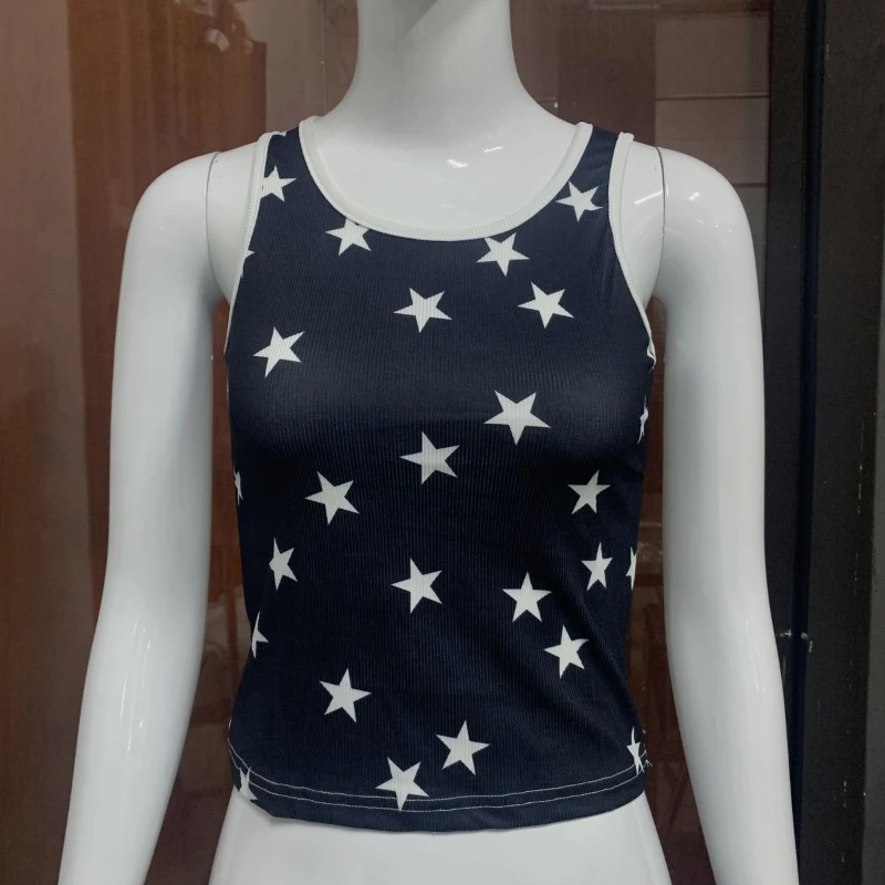 

Summer Women's Star Printed Top Women's Sleeveless Retro Slim Fit Spicy Girl Tank Top Cross border Star Printed Ribbed Splicing