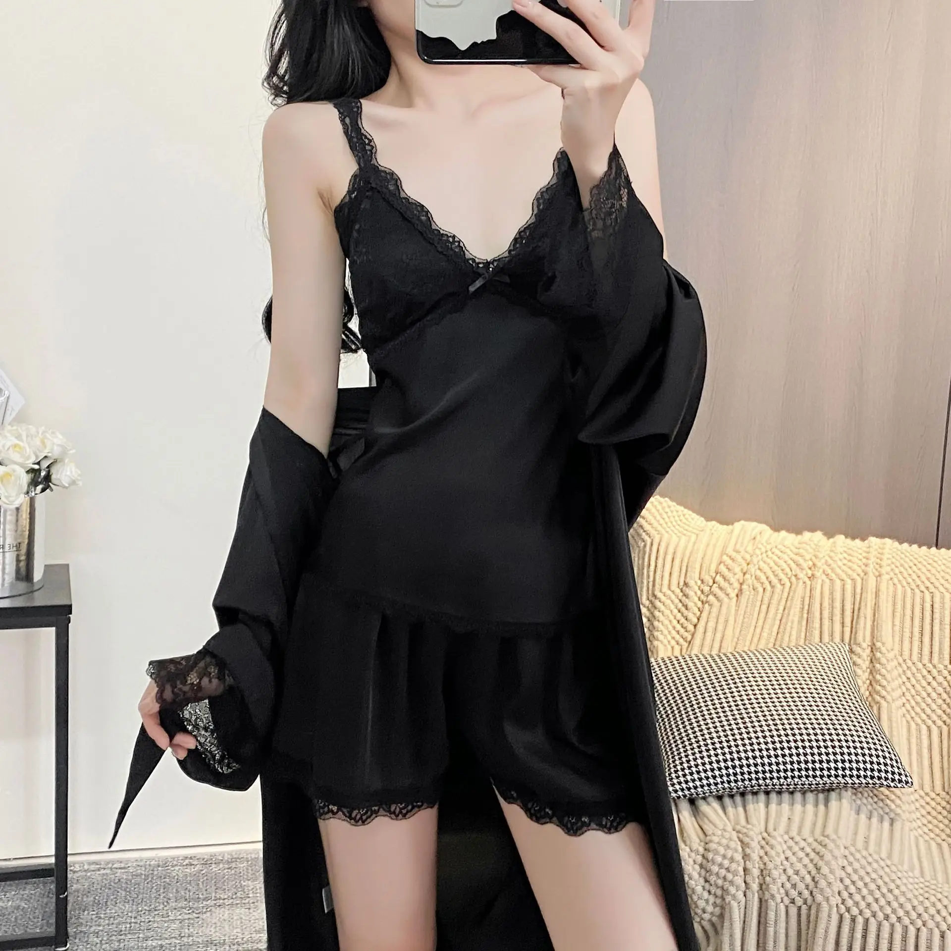 Women's Pajamas Robe 3PCS Set Nighties Sleepwear Pijama Silk Satin Home Wear Bathrobe Chest Pads Nightdress Lounge Wear Pyjama