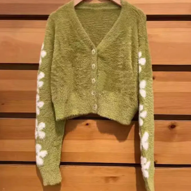 2024 New Women's Green Sweater V-neck Plant Woven Flower Sweater Cardigan Natural Comfort Versatile Women's Top Jacket Coats