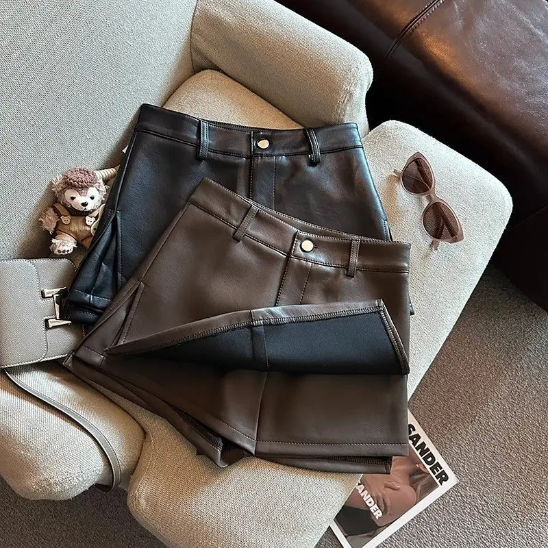 Vintage Brown PU Leather Skirts Female Sexy Hot Girls Package Hip Mini Skirt Women Autumn Winter High Waist Split Shorts Skirt