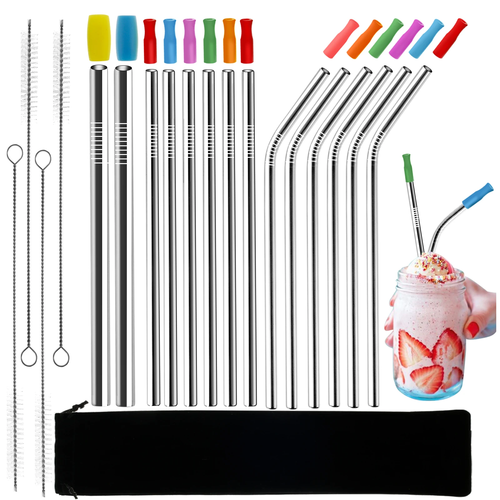 

14Pcs Stainless Steel Straws Set Reusable Metal Straws with 14 Silicone Tips and 4 Brushes Portable Drinking Straws Set