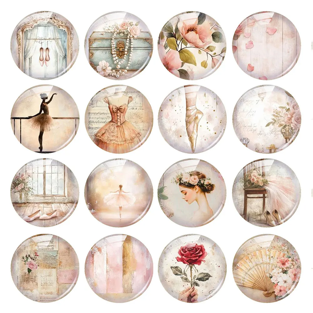 Random Mixed Round/Oval/Square Vintage Ballet Rose Dancer Photo Glass Cabochon Flatback Demo Cameo For Diy Jewelry Making