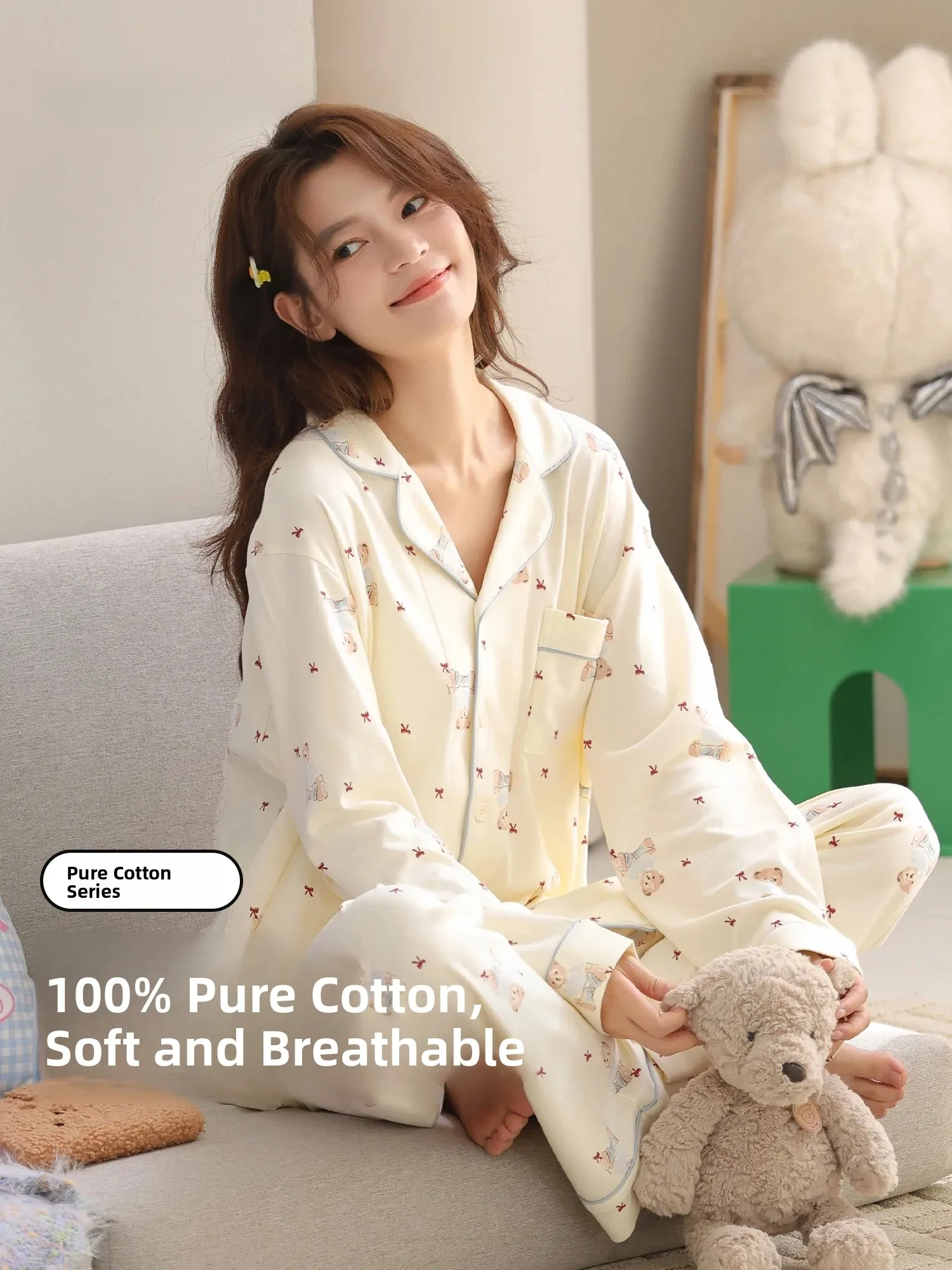pure-cotton-sleepwear-women's-long-sleeve-home-clothes-set-sweet-outwear-autumn-winter-new-style-baisena-comfortable-breathable