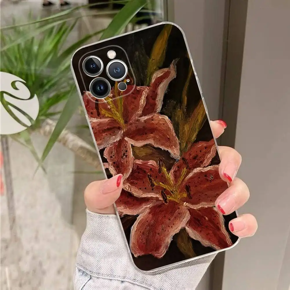 유화 백합 꽃 무늬 아이폰 16 15 프로맥스 폰 케이스 아이폰 14 11 12 고급 13 프로 실리콘