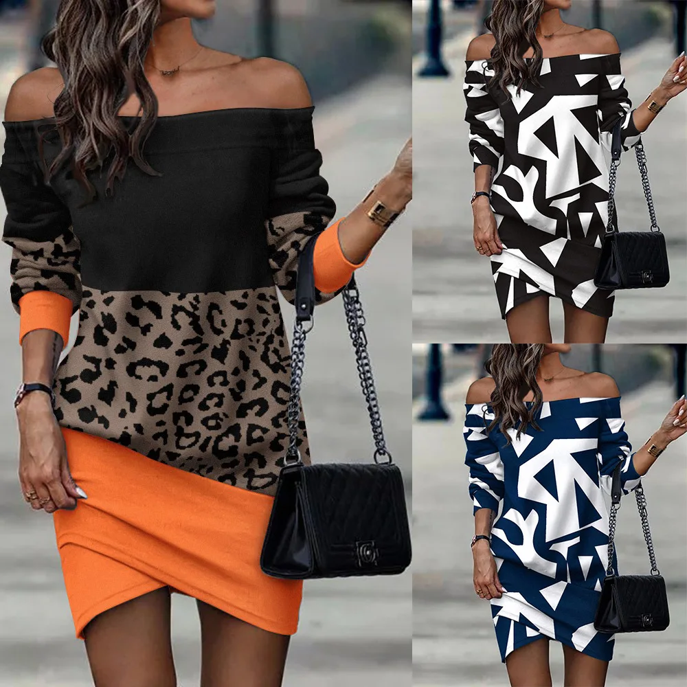 Women Midi Dress Slash-neck Sexy Summer Dress Bare Shoulder Long Sleeve Dress for Women Casual Printed Female Clothes Vestidos