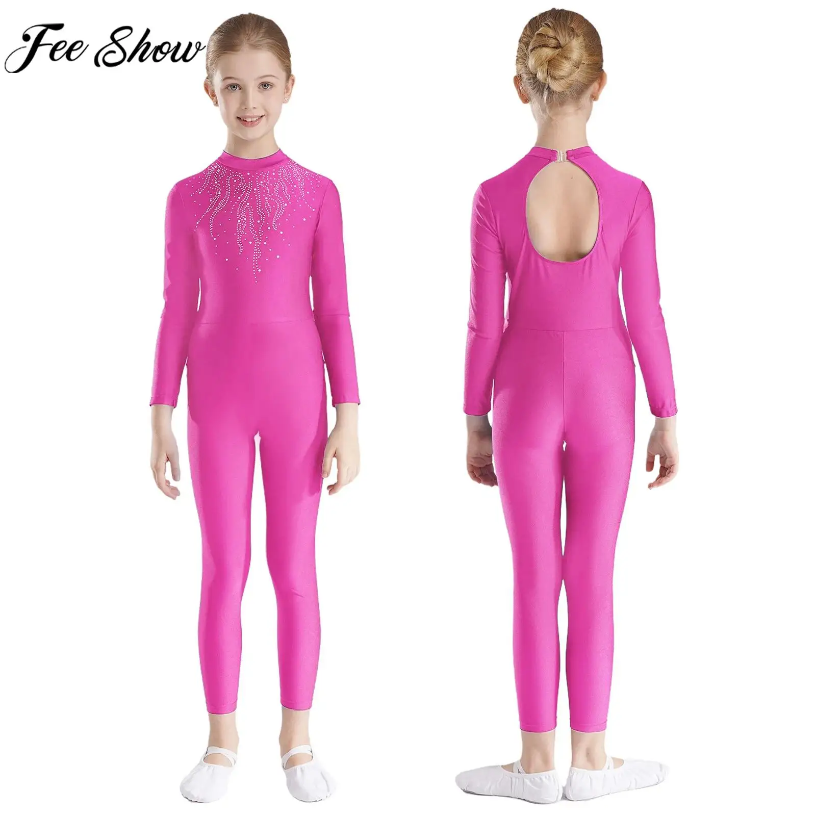 Kids Girls Gymnastics Dance Leotard Ballet Figure Ice Skating Acrobatics Costume Long Sleeve Rhinestones Jumpsuit Yoga Bodysuit