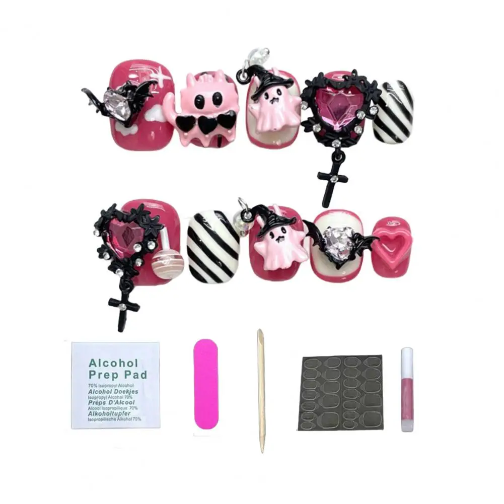 Fashion Fake Nails Charming Ghost Prints False Nails Set for Women Diy Manicure Kit with 20pcs Stick on Nails Nail Care Lovers'