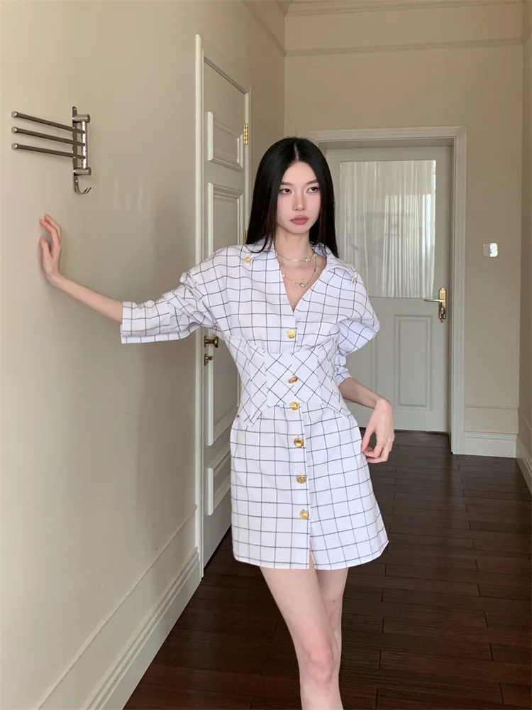 CHEERART 가을 2025 패션 여성 격자 무늬 셔츠 드레스 디자이너 흰색 단추 업 칼라 미니 짧은 드레스 패션 의류