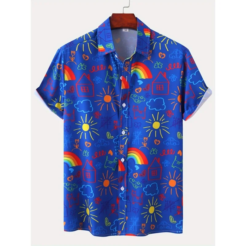 Men's Hawaiian Short Sleeve Shirt Rainbow Sun Doodle Cartoon Print Youthful vitality chic Casual Summer Beach Daily Top