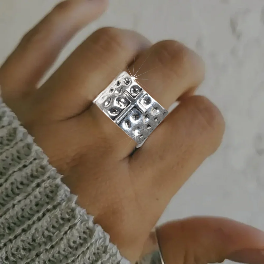 Cross Ring Wide Band Distressed Look Ring Good Luck Minimalist Style Vacation Fashion Jewelry Unisex -no box