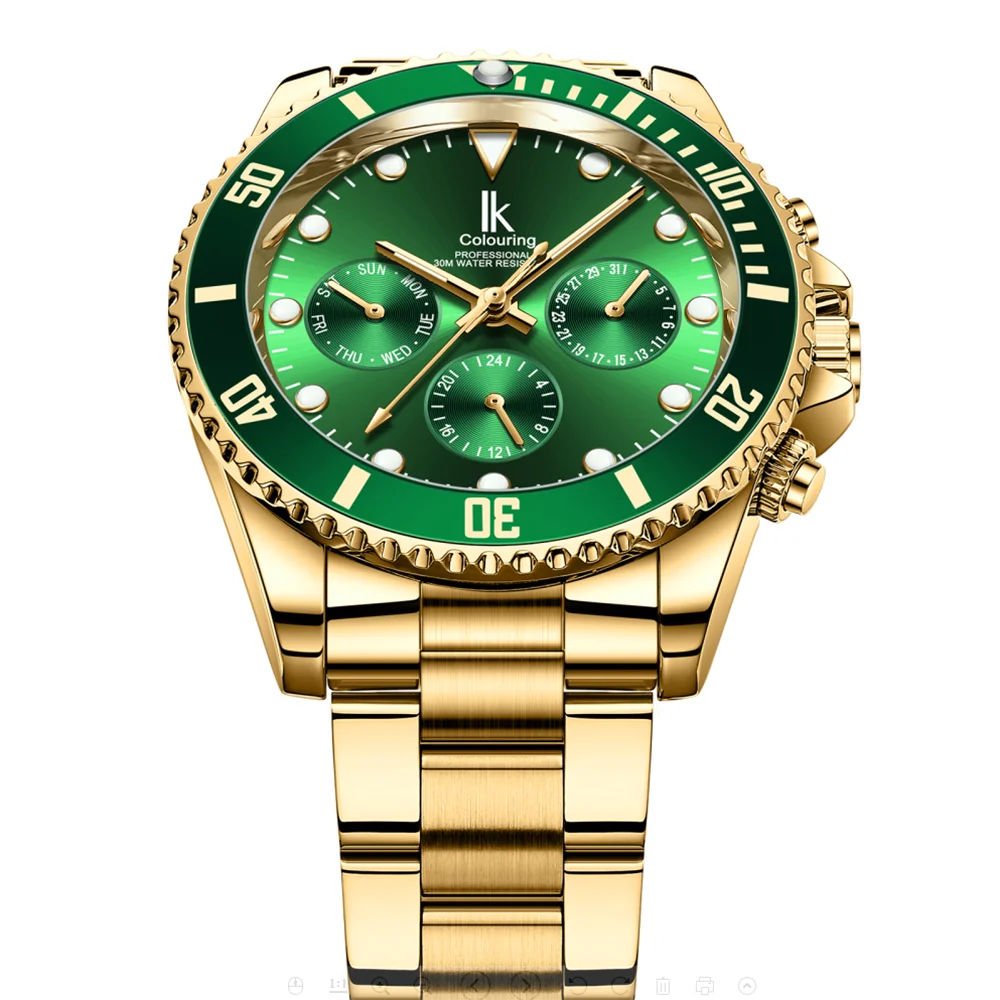 IK Coloring Men\'s Green Dial Mechanical Watches Top Brand Luxury Golden Stainless Steel Multifunction 6 Hand Date Wristwatches