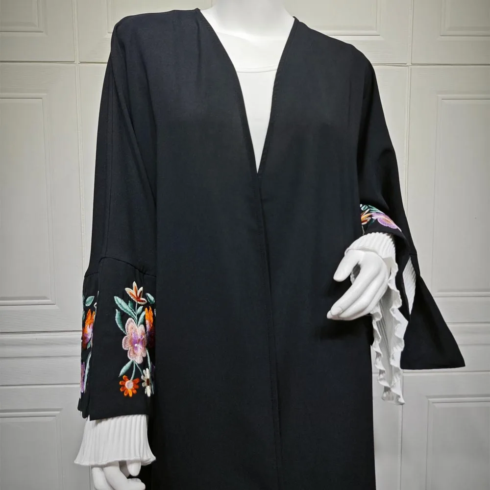 Black Abaya for Women, Floral Embroidered Cuffs Batwing Sleeves Muslim Open Abaya with White Pleats Trim, Islam Hijabi Outwear