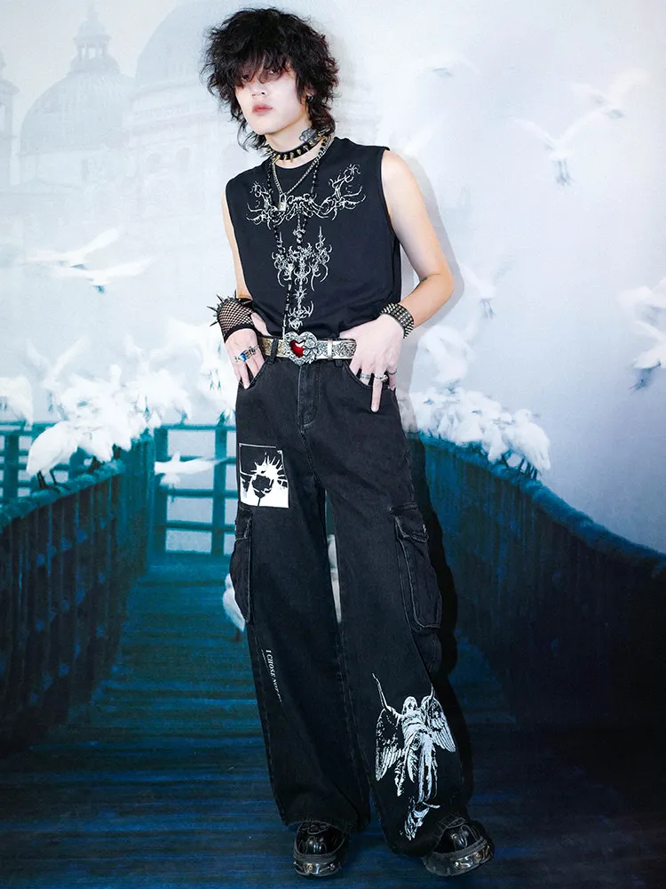 2026 Unisex Dark Alt Sleeveless Tank Top Punk Rock Gothic Punk Vest Round Neck Muscle Casual Loose Summer Sleeveless T-Shirt Men