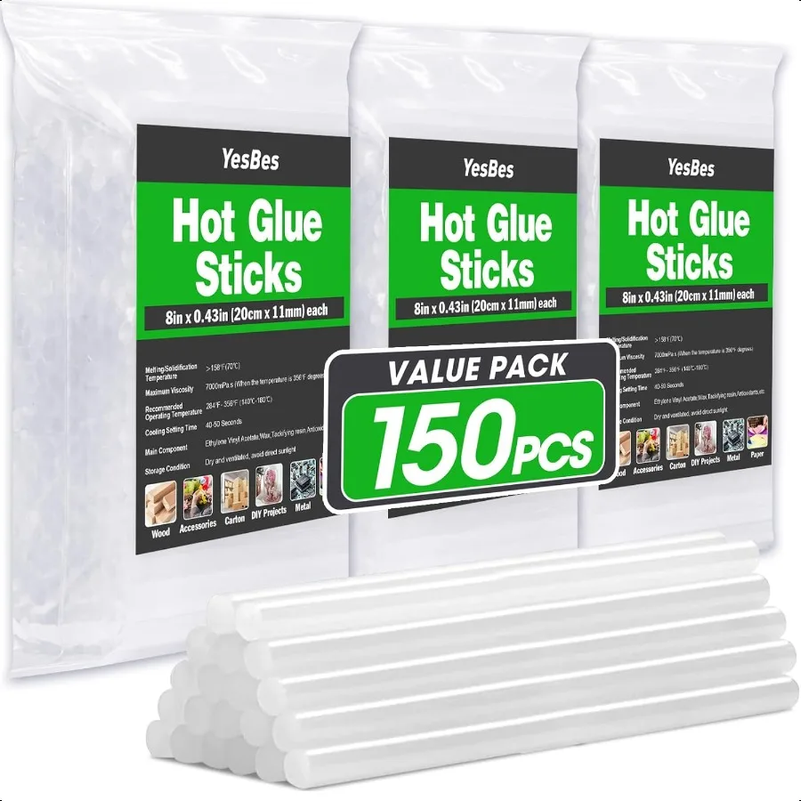 

150 PCS Hot Glue Sticks Full Size 8 Long x 0.43 Diameter Glue Sticks for Glue Gun Widely Used in Wood Metal Glass Plastic Flora