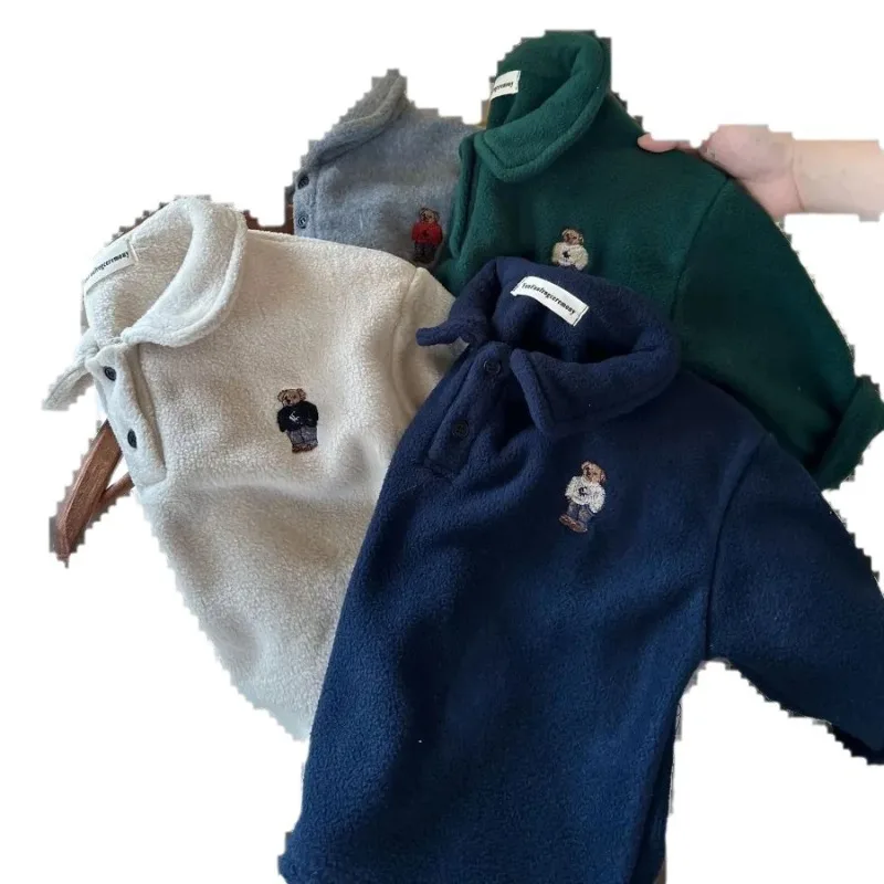 Kinder Jungen Fleece Poloshirts RAISE Herbst Winter Säuglinge Babys Jungen Unterhemd Locker Plus Samt Warm Kinder Jungen Pullover – Detail 5