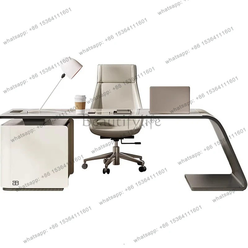 Italian minimalist rock slab desk, modern simple household L-shaped bookcase integrated