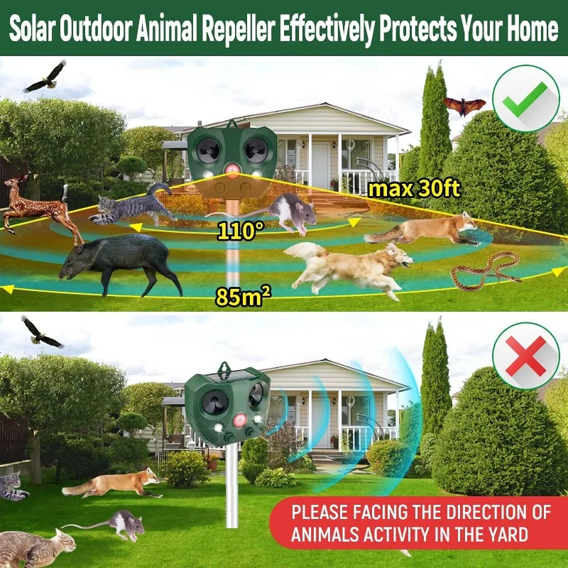 Animal Repellent Solar Ultrasonic Repeller with Motion Sensor and Flashing Light for Yard Garden Cat Deer Rabbit Dog Repeller