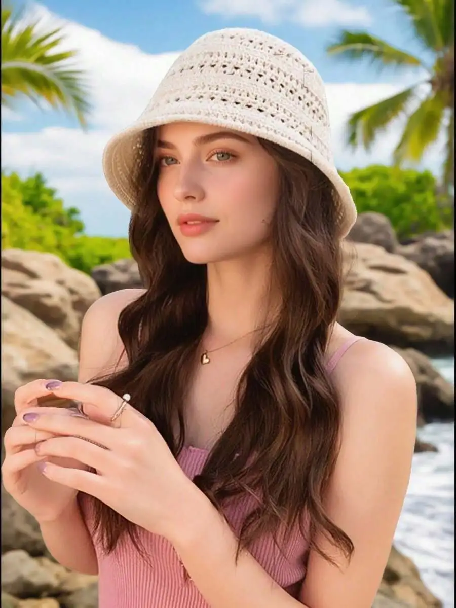 

Womens Crochet 3D Bucket Hat For Spring Summer Casual Wear
