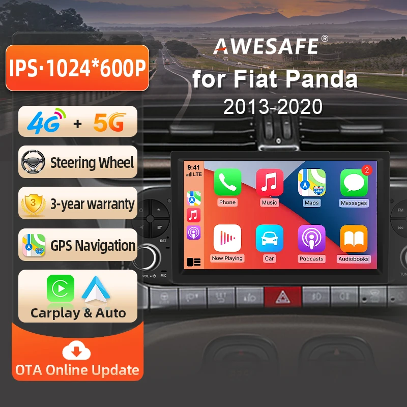 Autoradio sans fil AWESAFE CarPlay pour Fiat Panda 2013 2014 2015 2016 2017 2018 2019 2020 avec Android Auto, navigation GPS, système intelligent RDS DSP FM