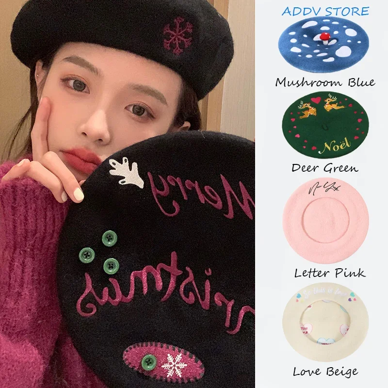 

Wool Beret Delicate High-end Cartoon Embroidery Painter Hat Women's Literary Big Head Mushroom Hat Winter Hat