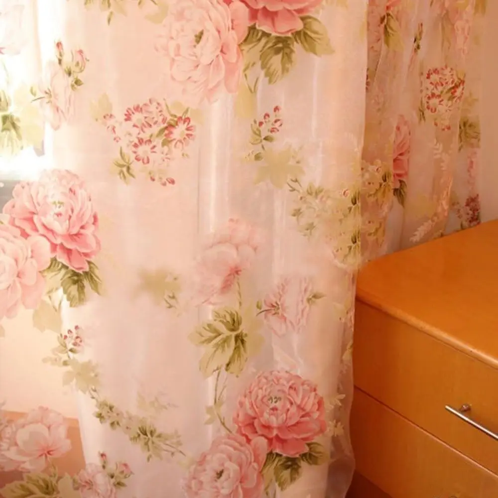 Gorden Sheer Motif Bunga Pink dengan Rod Pocket - 2 Panel, 60 cm Setiap Panel, Panjang 84 cm, Lebar Total 120 cm untuk Cahaya Alami