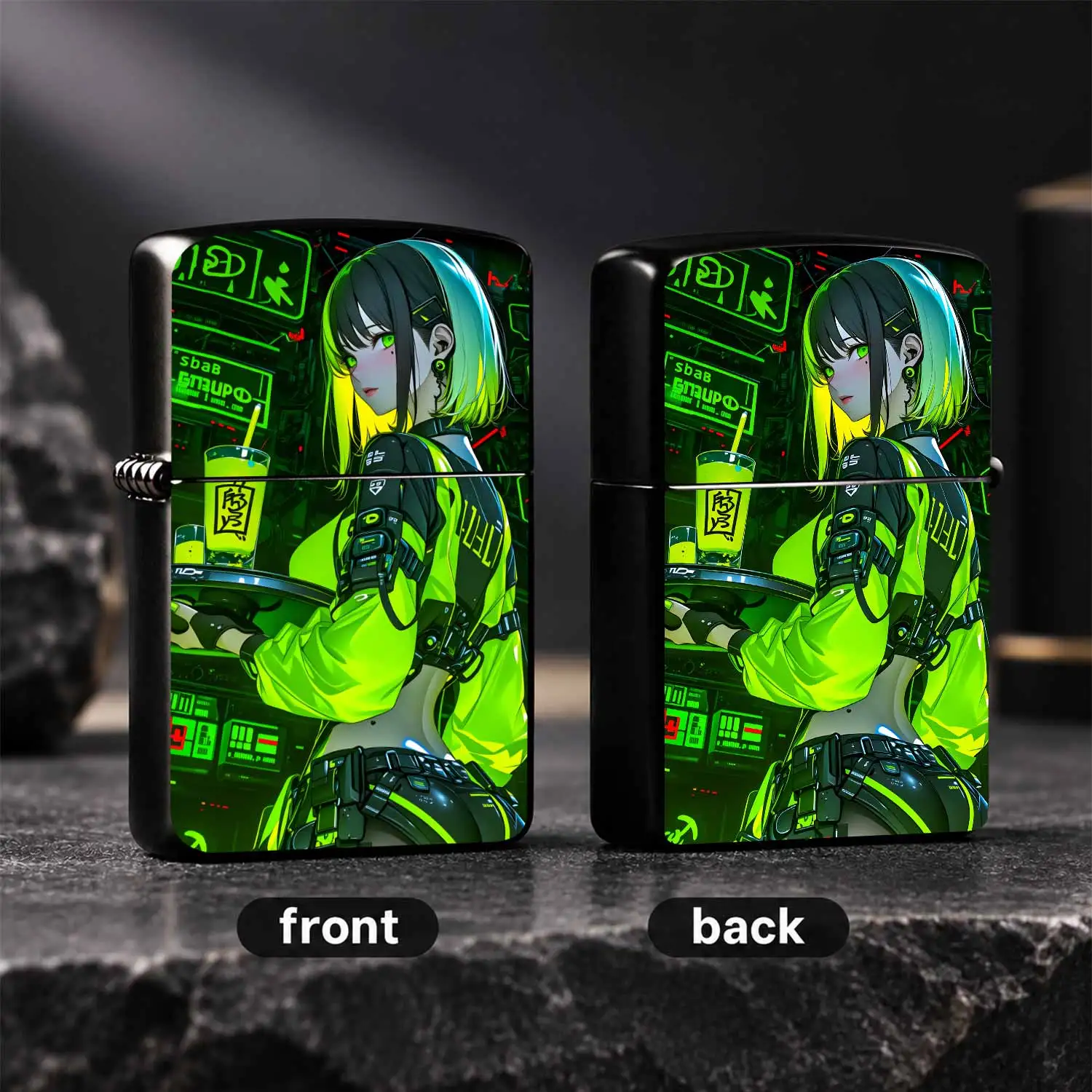 Cyber Fluorescent Green Anime Themed Lighter, Cool Neon City Creative Print, Portable Versatile Ignition Tool For Daily Outdoor Gatherings, Exquisite Trendy Souvenir Gift For Anime Lovers, Delicate Stylish Accessory For All Scenarios Intere