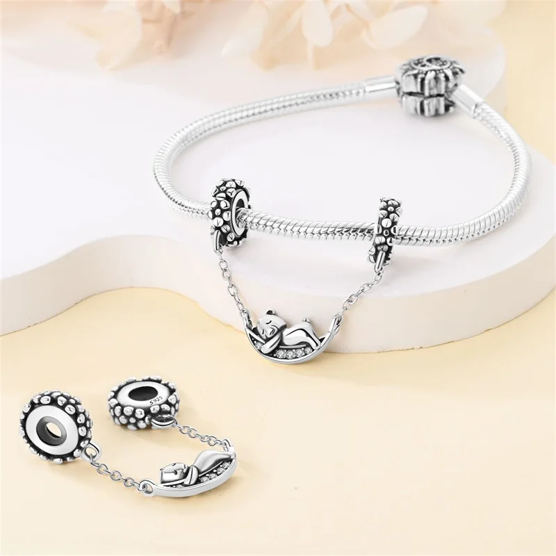 925 فضة ضوء القمر الدب القط البومة سحر الخرز الساطع الزركون ستار القمر استرخى صالح الأصلي سوار DIY بها بنفسك النساء المجوهرات