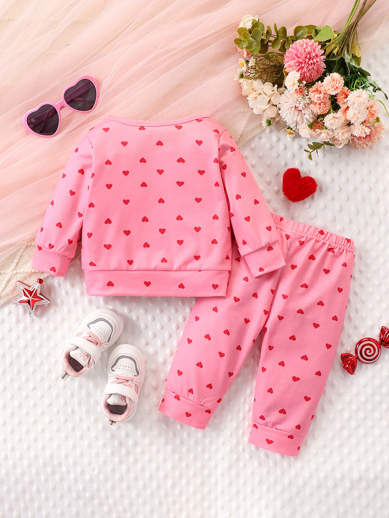 Children's Pink Heart Print Long Sleeve Home Clothes Set Sweet Cute Style Top + Pants Full Print Heart Pattern