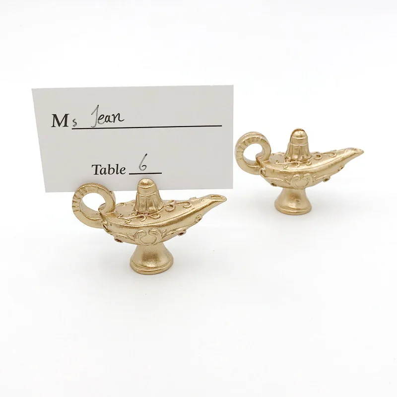 Free Shipping 12PCS golden Aladdin lamp Place Card Holder Wedding Favors Table Setting Decor Name Card Holders