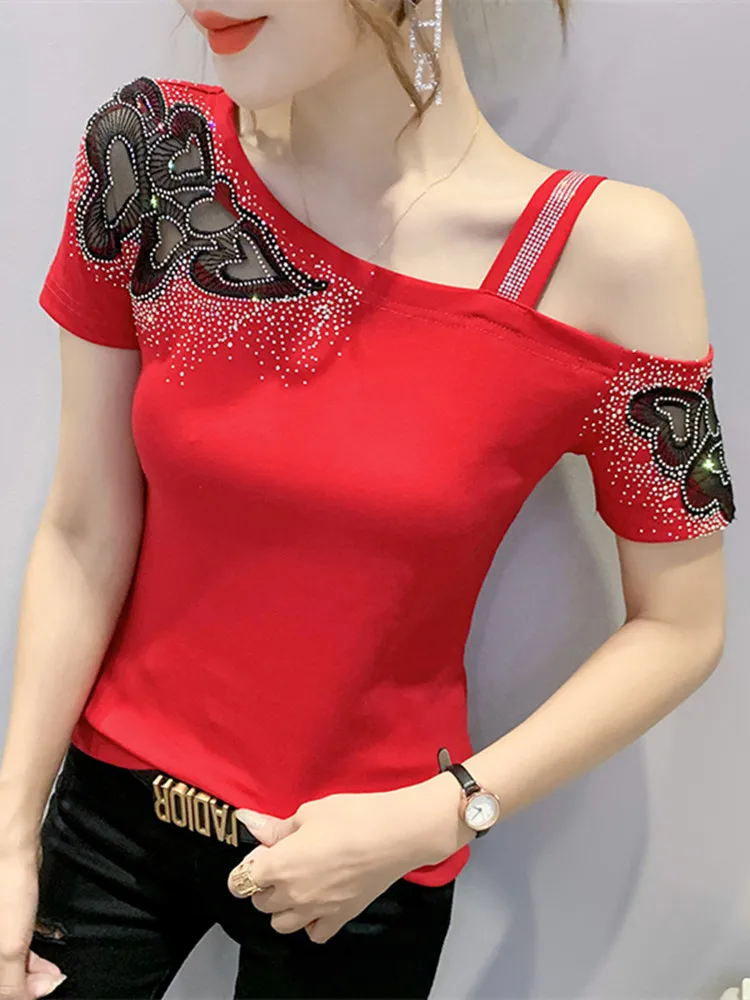 New 2024 Summer Skew Collar Short Sleeve Women Tshirt Sexy Off Shouler Love Embroidery Hot Diamonds Tops Female Elastic Tees