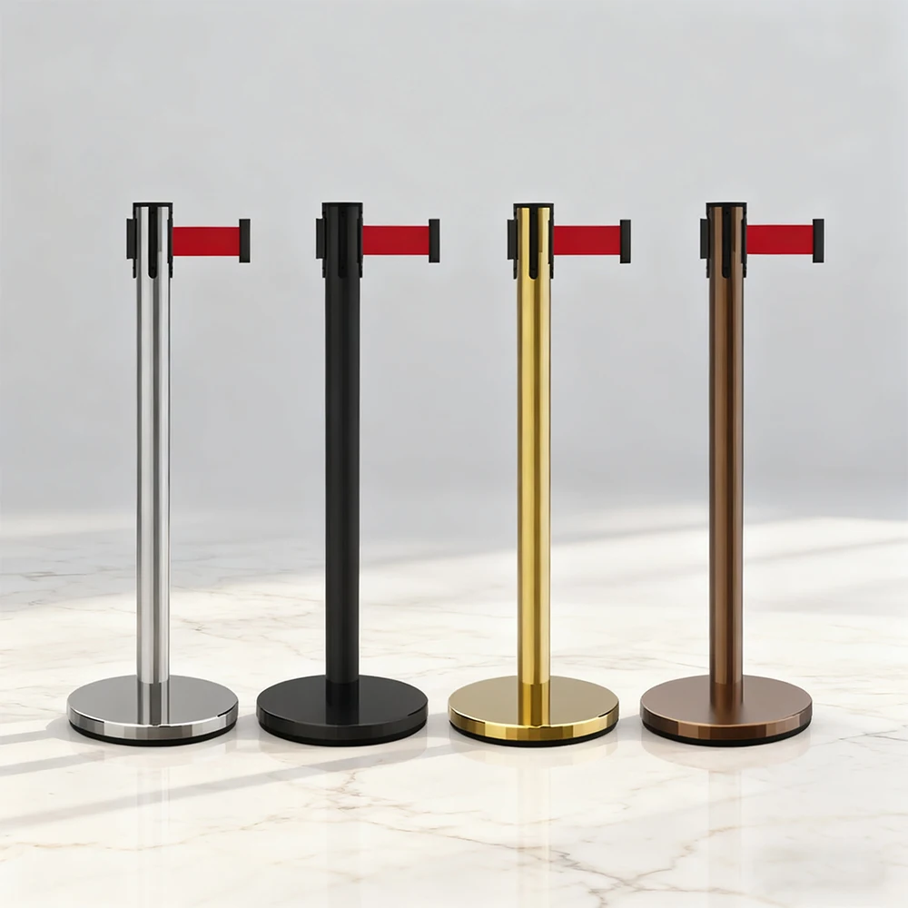2m Red Strap Retractable Stainless Steel Queue Barrier - Crowd Control for Exhibitions, Airports, Hotels