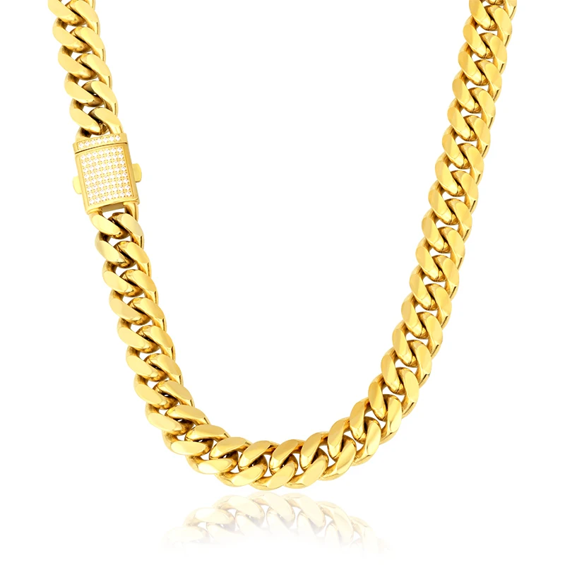 

CZ Iced Out Zircon Buckle 14K 18K Gold Plated Miami Stainless Steel Cuban Link Chain Necklace Set Men Jewelry Cuban Link