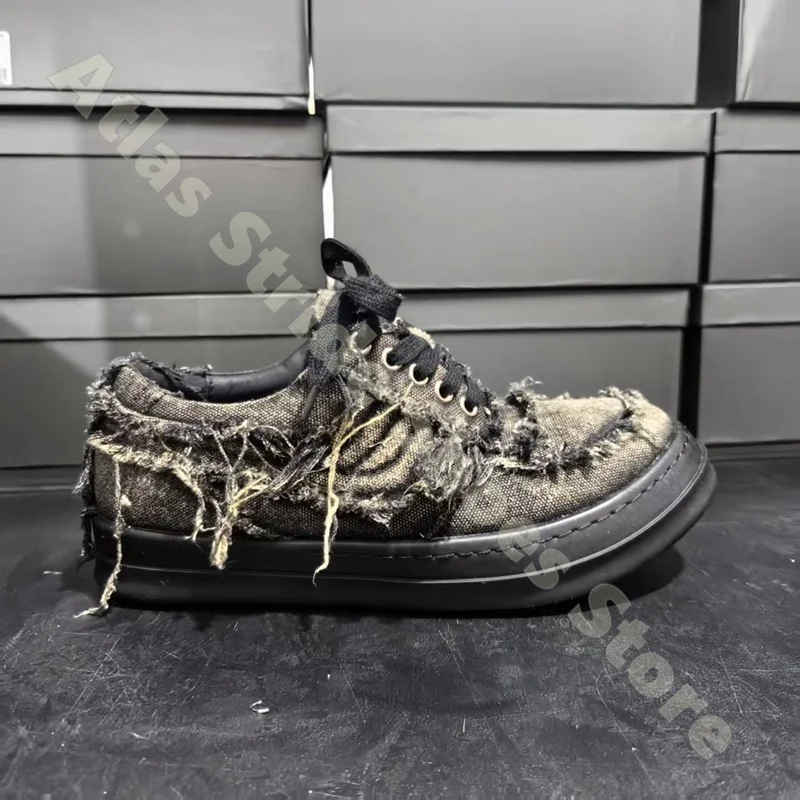 Vintage Distressed Frayed Denim Low Top Vulcanized Sneakers Multi Layer Raw Fringe Patchwork Black Lace-Up Flat Shoes