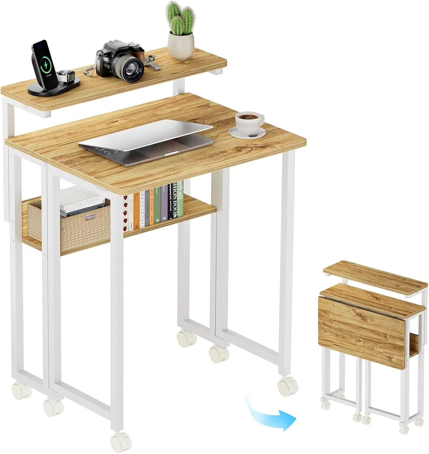 

Folding Desk with Adjustable Monitor Stand and Storage Shelf, 24.8in Small Desk with Wheels, Mobile Rolling Table for Small Spac