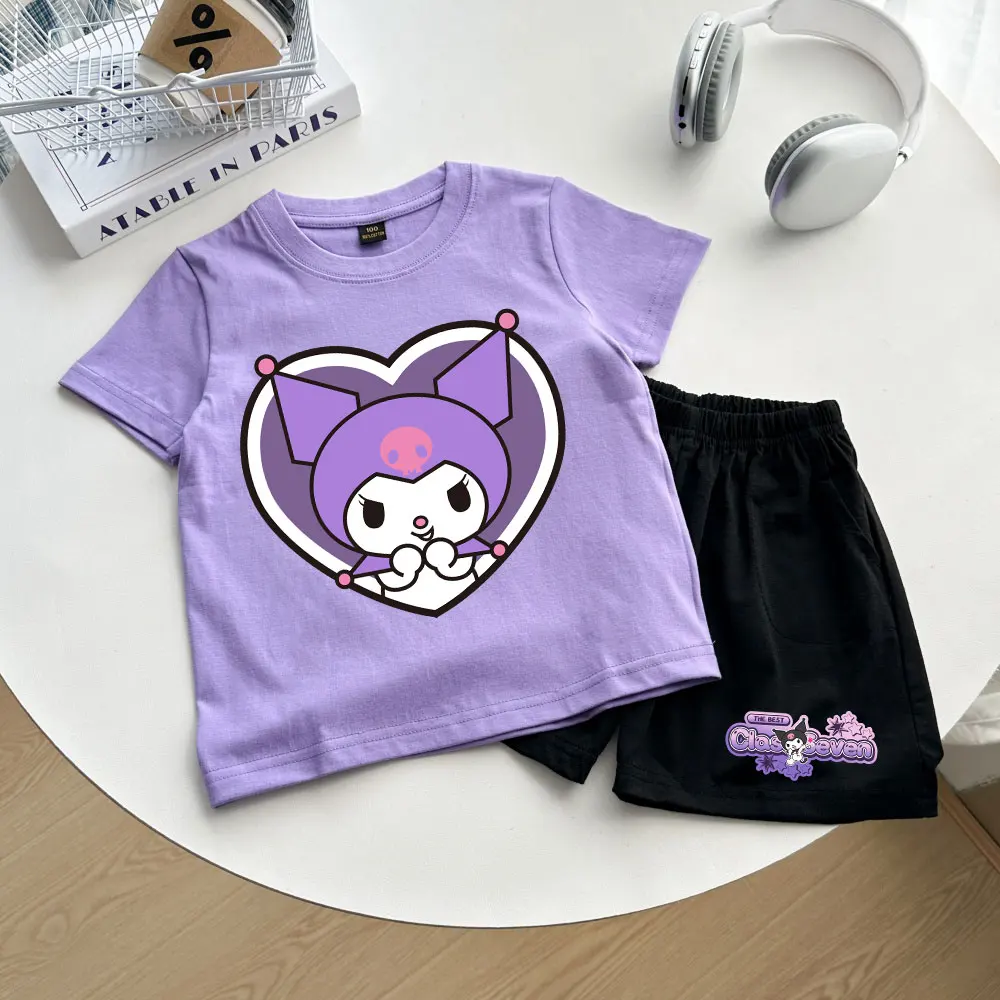 

2025 Sanrio Cartoon Kuromi New Children's Cotton T-shirt+pants Cute Multiple Colors T-shirt Short Sleeve Boy Girl Kids Trucksuit