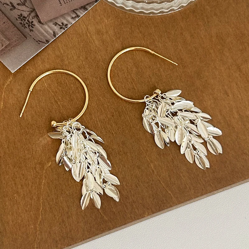 

PONYKISS Tibetan Silver Leaves Tassel Exaggerated Stud Earrings for Women Minimalist Trendy Fashion Jewelry Plant Accessories