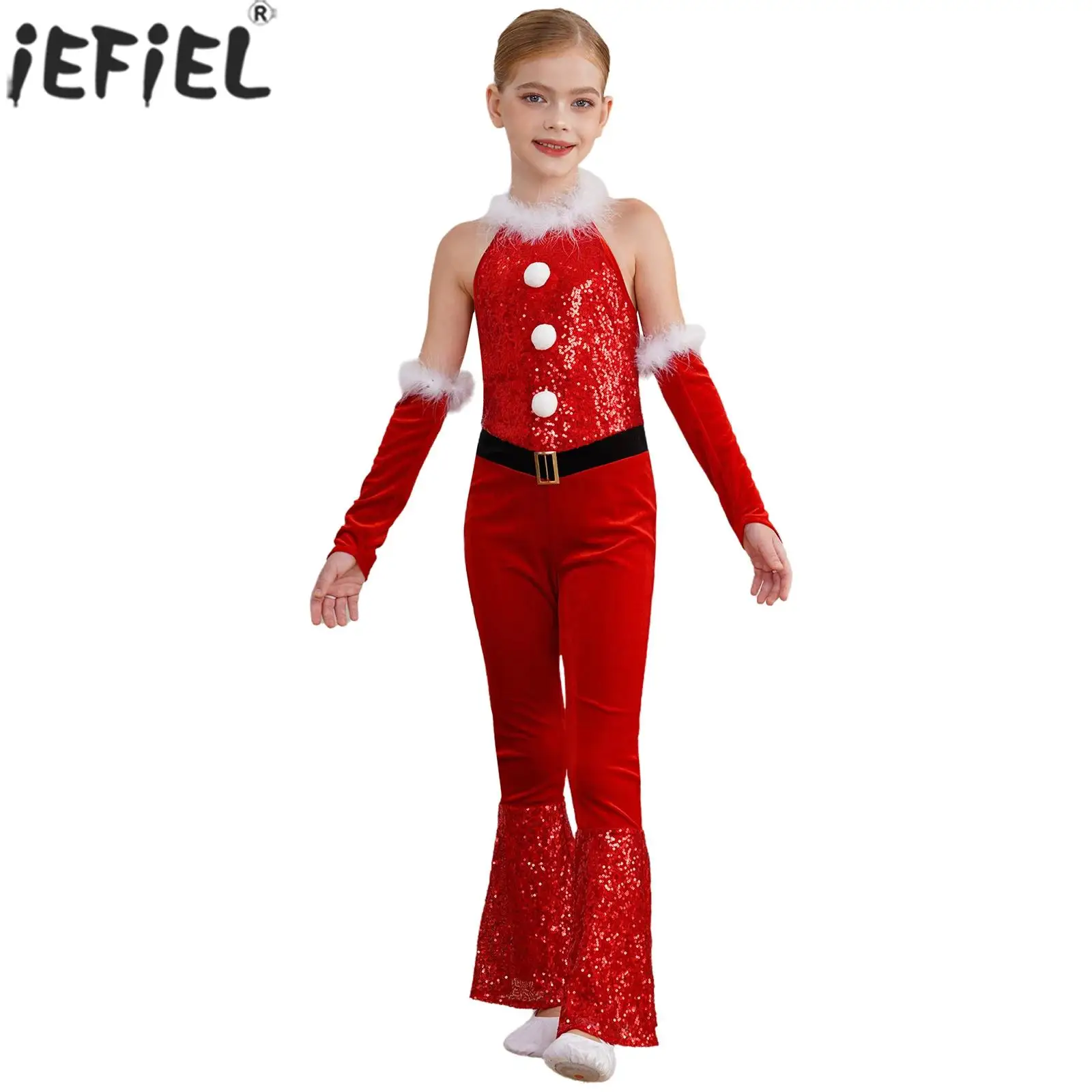 Girls Christmas New Year Party Dance Cosplay Jumpsuit Sleeveless Velvet Sequin Flared Bodysuit with Arm Sleeve for Xmas Carnival