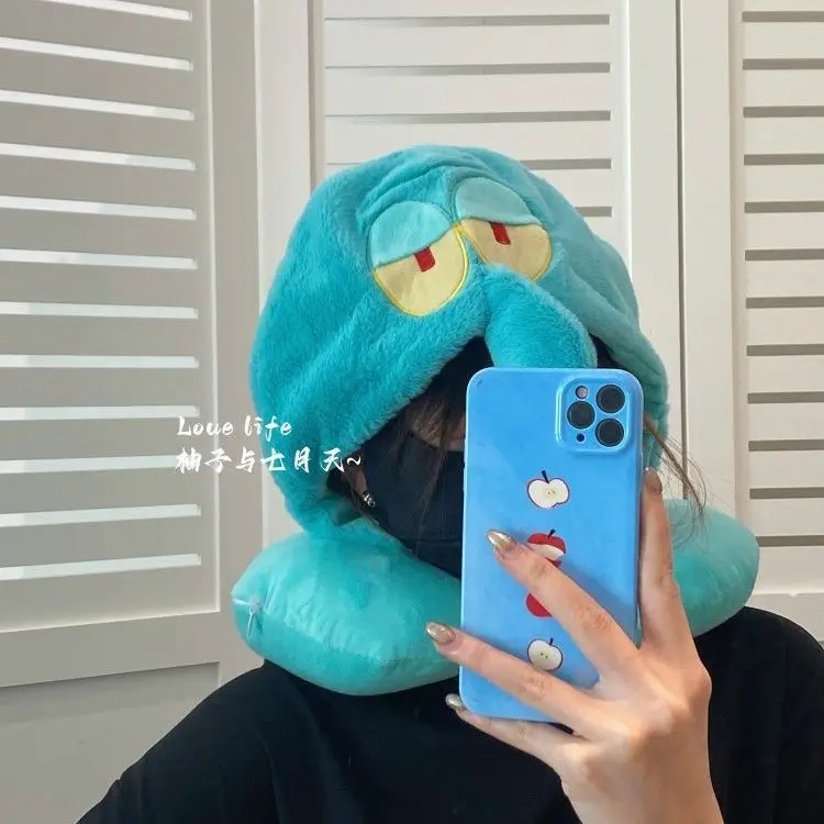 Kawaii Anime SpongeBob Hooded U-shaped Neck Pillow Cute Cartoon Travel Pillow Soft Foam Hat Pillow for Nap and Airplane Rest view 4