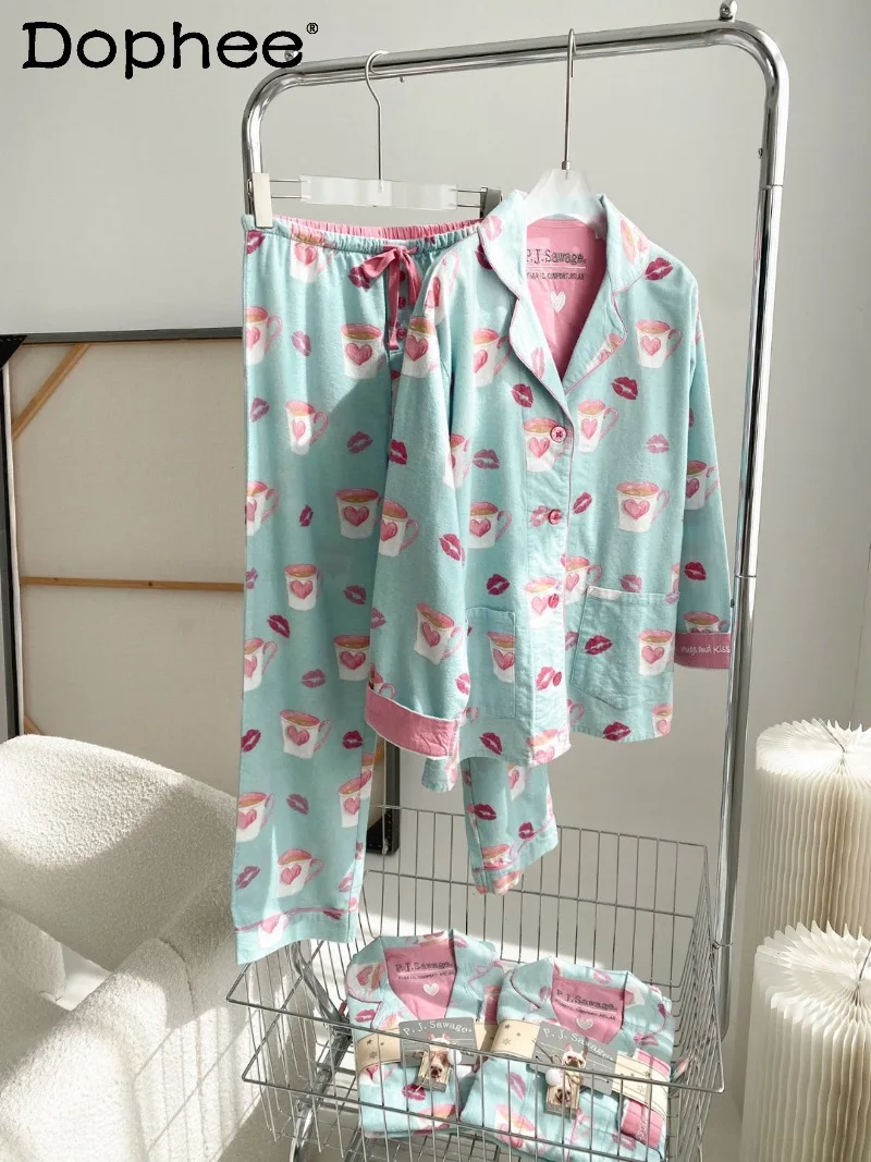 

Autumn and Winter Thickened Brushed Long Sleeve Pajamas Cute Sweet Pure Cotton Skin-Friendly Soft Casual Homewear Set for Women